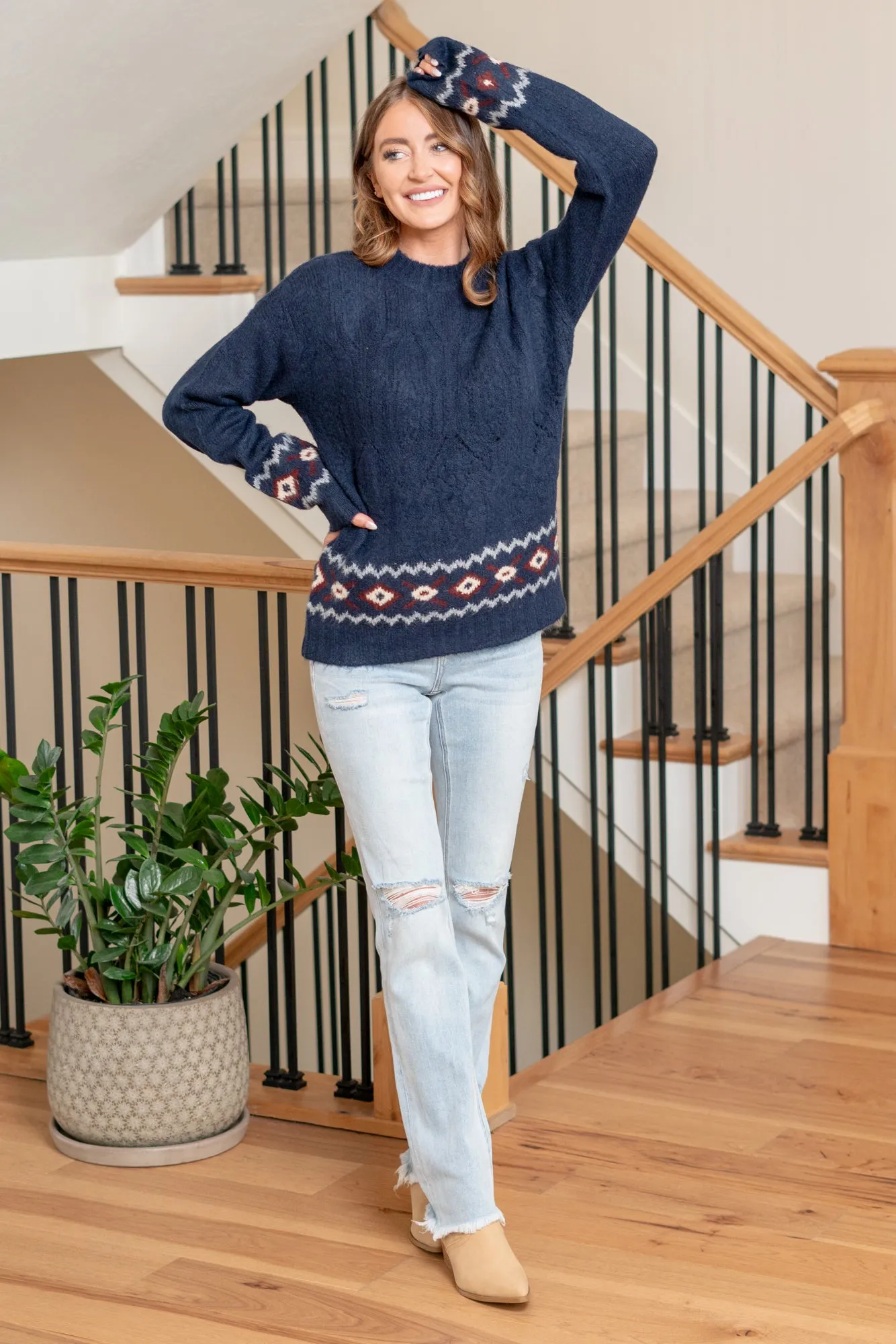 Aztec Mock Neck Sweater - Navy