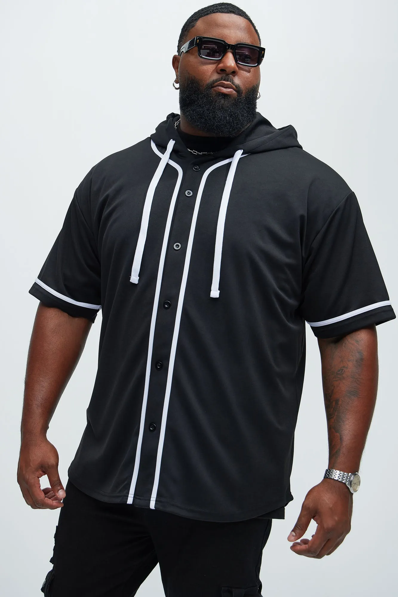 Basic Hooded Baseball Jersey - Black