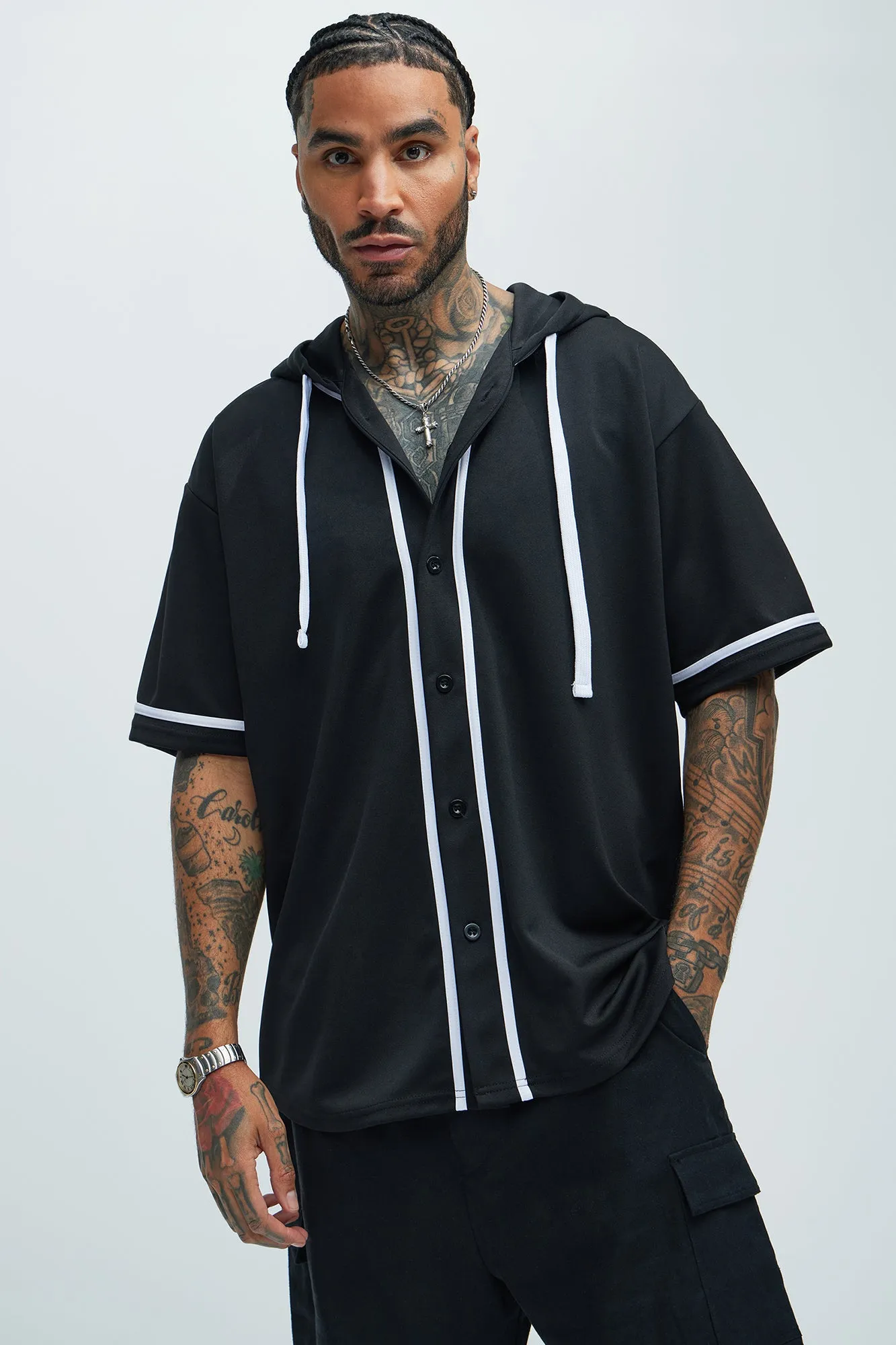 Basic Hooded Baseball Jersey - Black