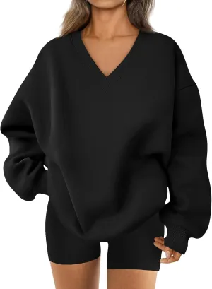 Oversized V Neck Sweatshirt Women Casual Fleece Pullover Sweaters Preppy Cute Teen Long Sleeve Sweat Shirts Y2k Tops