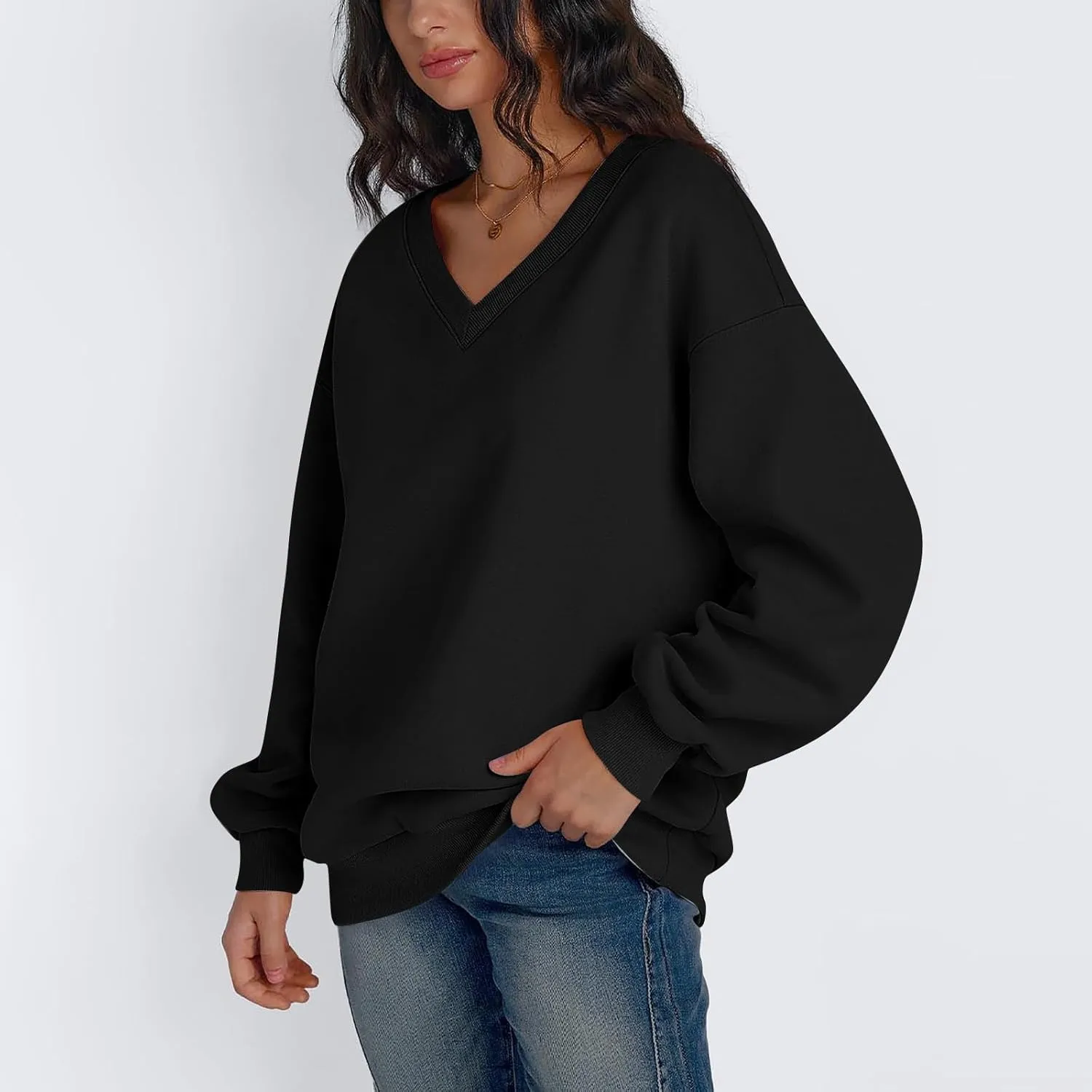 Oversized V Neck Sweatshirt Women Casual Fleece Pullover Sweaters Preppy Cute Teen Long Sleeve Sweat Shirts Y2k Tops