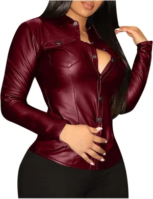 Women's Faux Leather Jacket Soft PU Snap Button Down Shirt Shacket Long Sleeve Motorcycle Fashion Leather Jacket