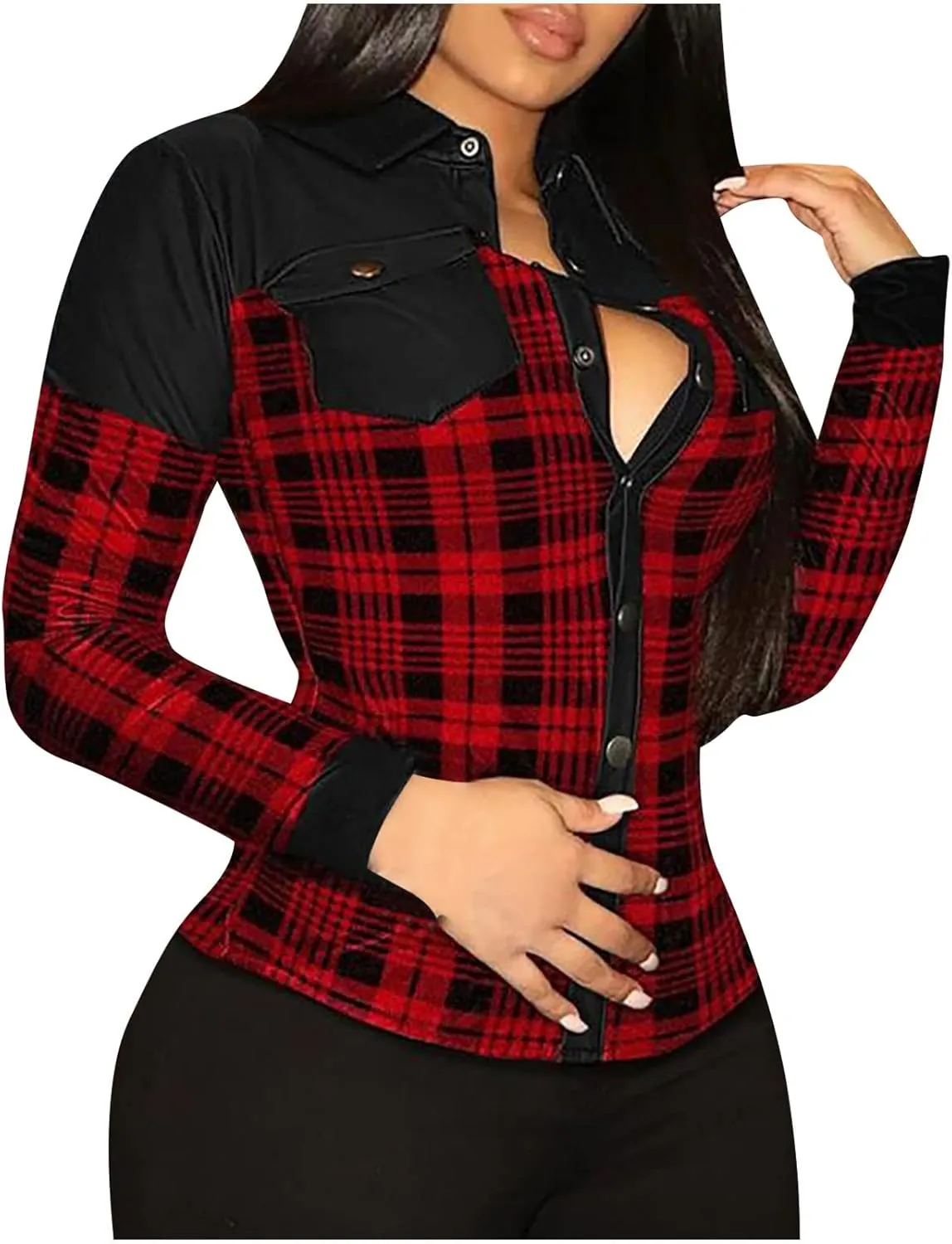 Women's Faux Leather Jacket Soft PU Snap Button Down Shirt Shacket Long Sleeve Motorcycle Fashion Leather Jacket