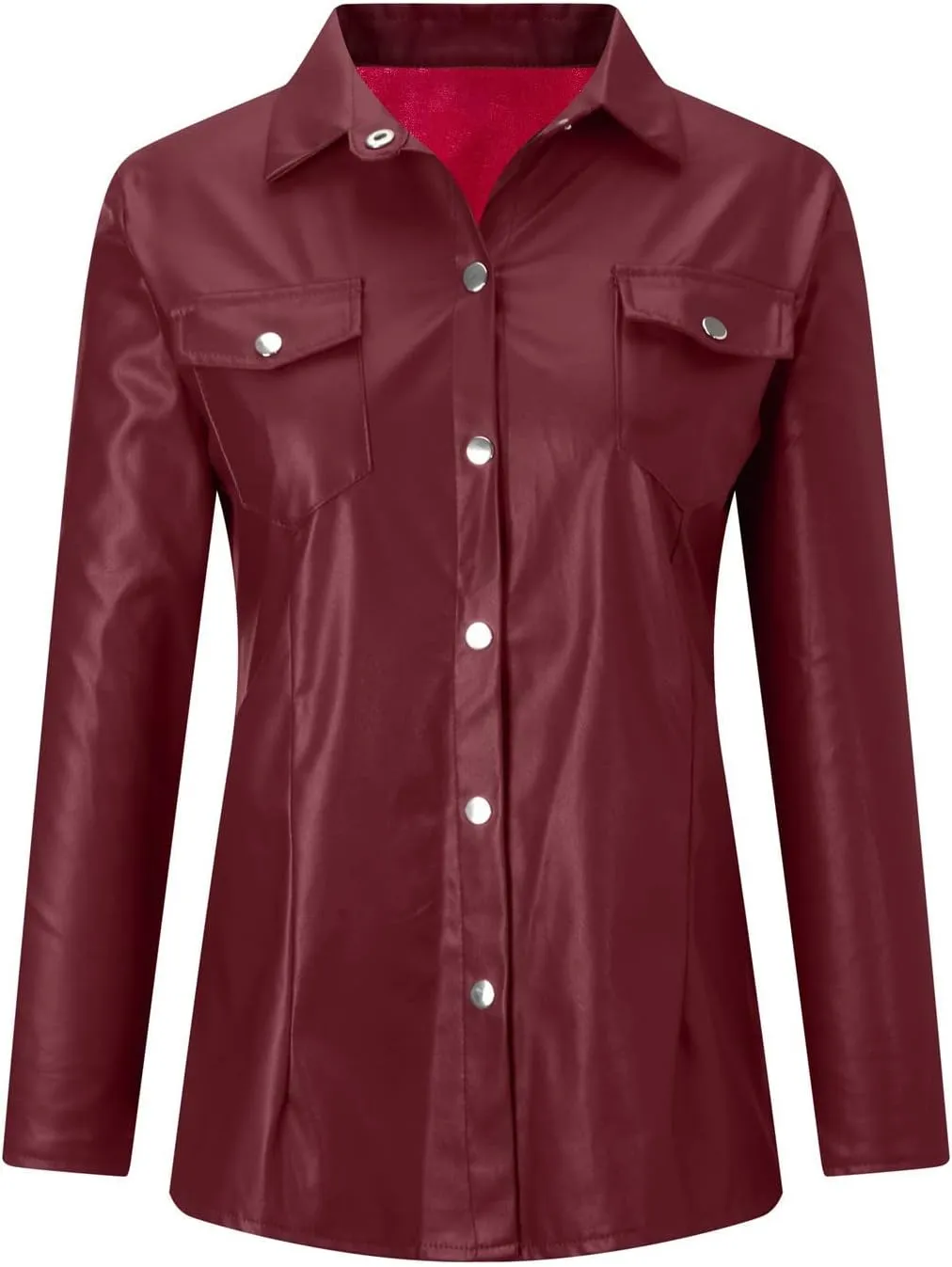 Women's Faux Leather Jacket Soft PU Snap Button Down Shirt Shacket Long Sleeve Motorcycle Fashion Leather Jacket