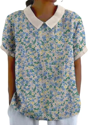 Womens Lapel Boho Floral Print T-Shirts Short Sleeve Summer Vintage Casual Tops for Women