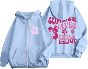 Womens Oversized Hoodies Long Sleeve Graphic Preppy Sweatshirt Teen Girls Casual Loose Zip Up Jacket Fall Tops